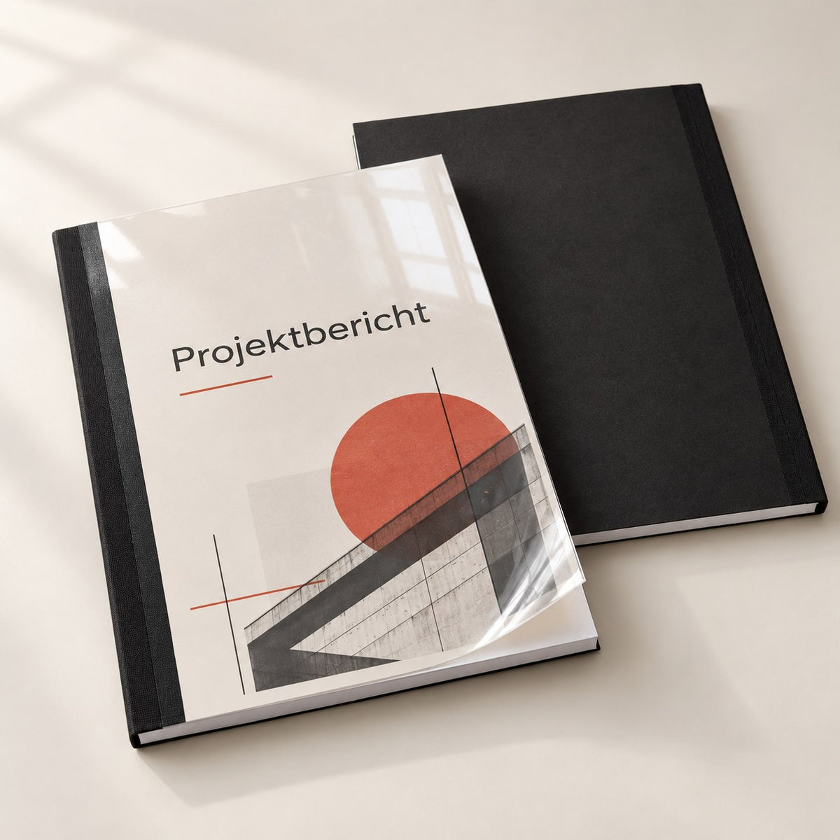 Projektbericht mit klarer Folienfront und schwarzem Rücken – DM Printhouse Stuttgart