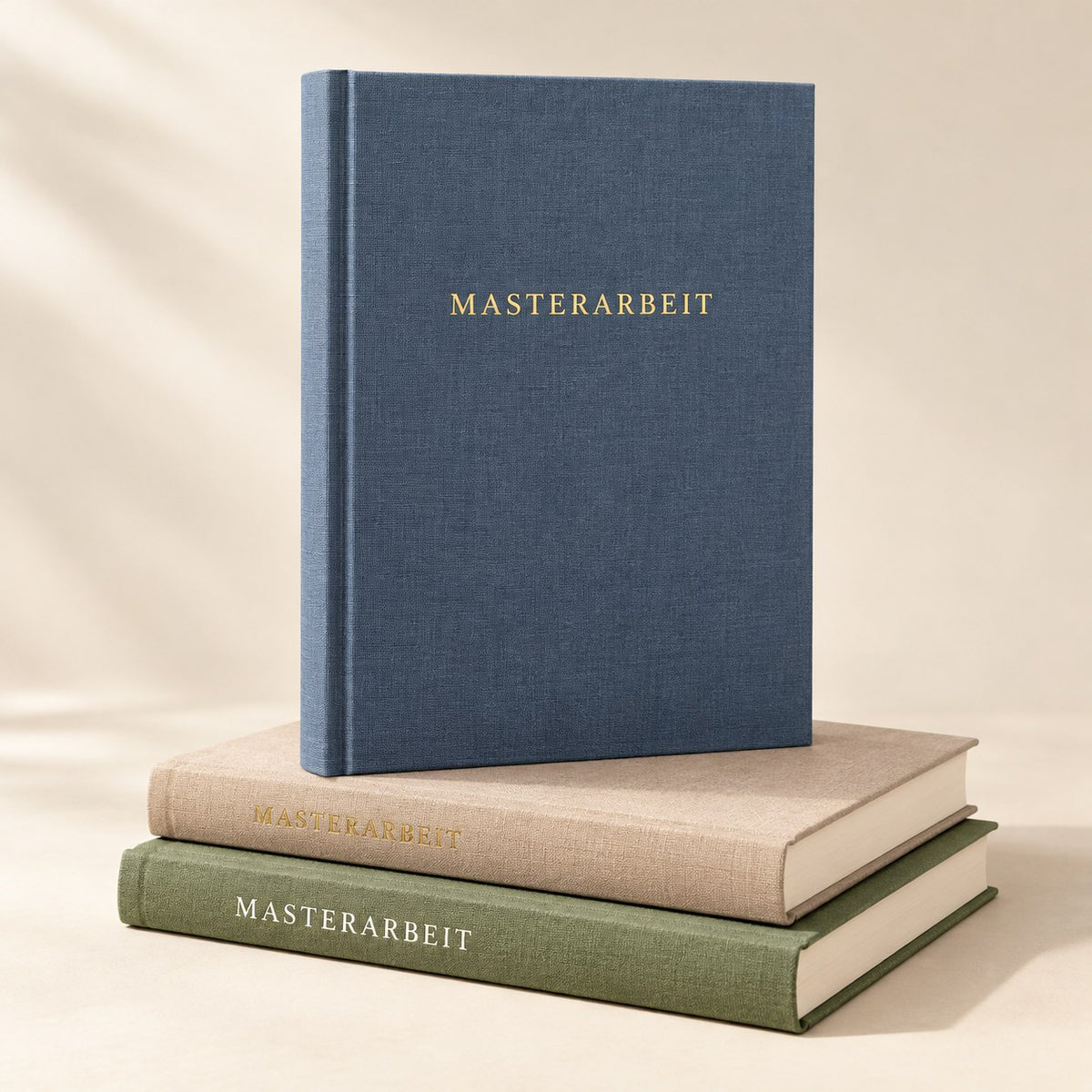 Masterarbeiten als Hardcover in Blau, Beige und Grün – DM Printhouse Stuttgart