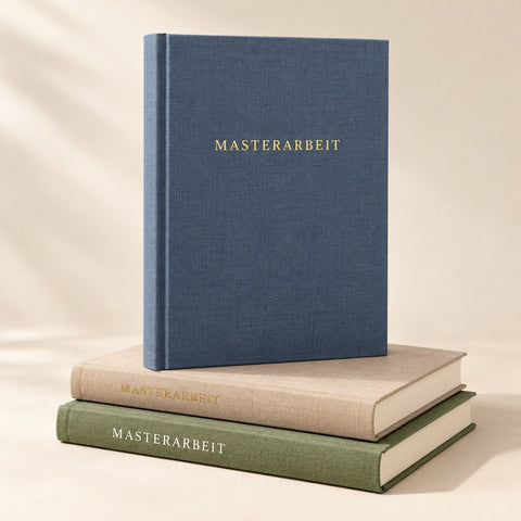 Masterarbeiten als Hardcover in Blau, Beige und Grün – DM Printhouse Stuttgart