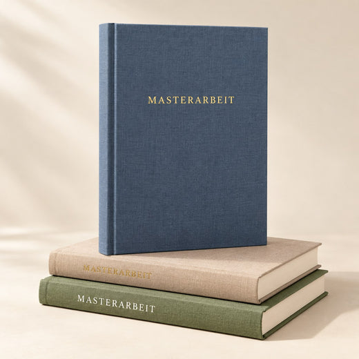 Masterarbeiten als Hardcover in Blau, Beige und Grün – DM Printhouse Stuttgart